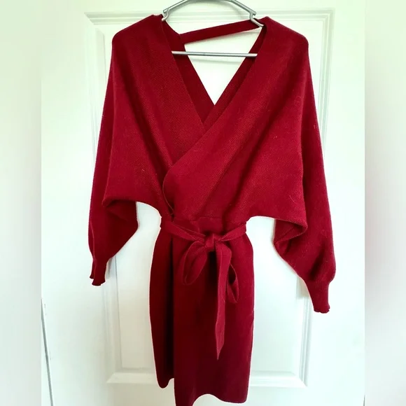Loose Fit Red V Neck Sweater Dress With Belt | Color: Red | Size: L | Tsaffouri's Closet